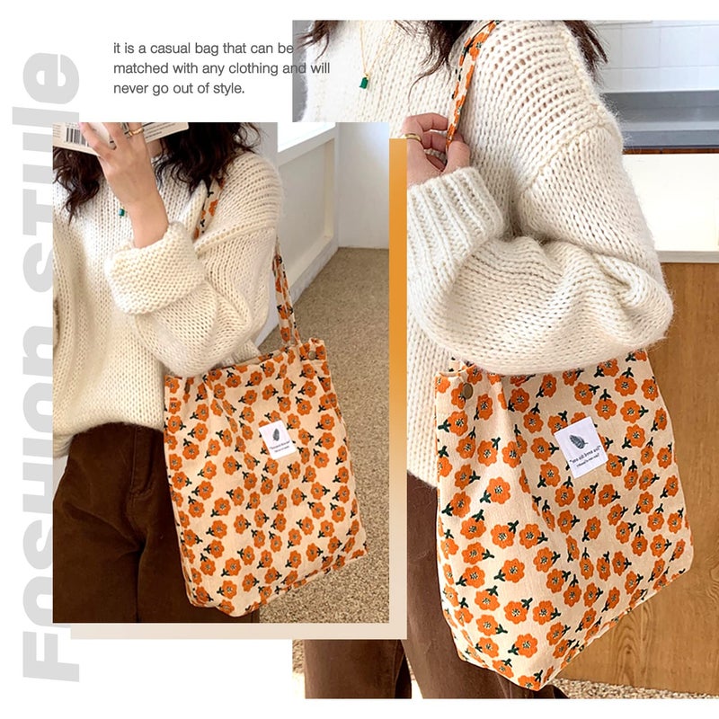 LHMTQVK Corduroy Tote Bags for Women  Large Capacity Corduroy Bag Reusable Grocery Shoulder Bag with Inner Pockets(Orange) - Image 5
